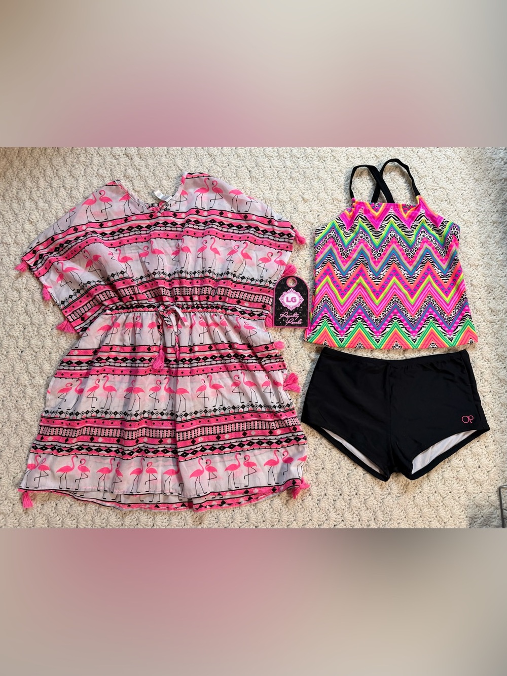 OP Kids Pink Flamingo Cover-Up with Neon Chevron Tankini Set